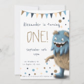 かわいい毛の生えたモンスターの1歳の誕生日招待状 招待状 (正面)