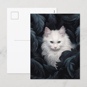 かわいい毛皮の白い猫がの間に座っ葉ている シーズンポストカード