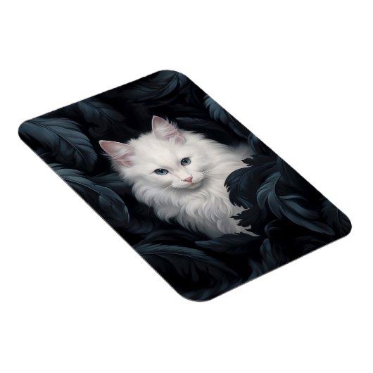 かわいい毛皮の白い猫がの間に座っ葉ている マグネット (右側)