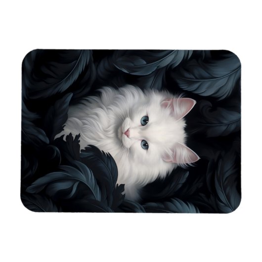 かわいい毛皮の白い猫がの間に座っ葉ている マグネット (横)