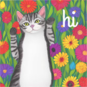 かわいい民芸ねこが花の中でこんにちはしている シール (正面)