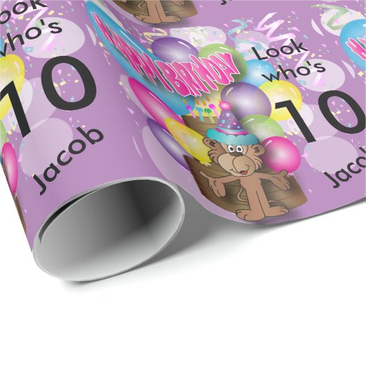 かわいい気球猿の紫色の子供の誕生日 ラッピングペーパー (ロールコーナー)