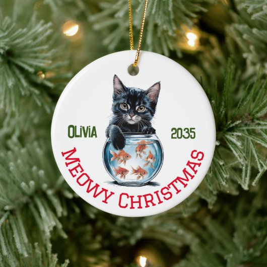 かわいい水いけな色の猫と金魚おもしろい、 セラミックオーナメント (ツリー)