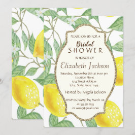 かわいい水のカラーレモン、金ゴールドグリッター枠 招待状