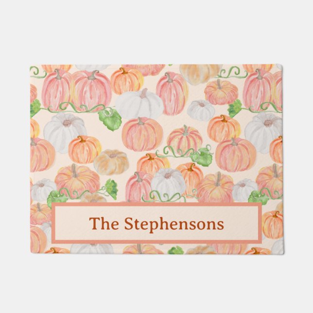 かわいい水の色かぼちゃパッチ名前をカスタムする ドアマット (正面)