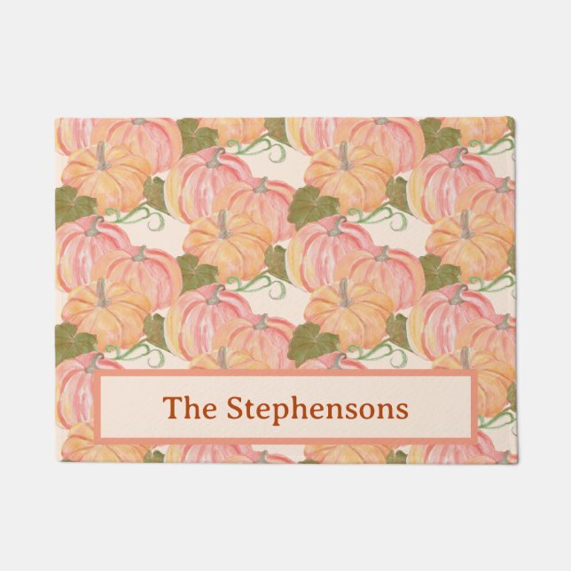 かわいい水の色かぼちゃパッチ名前をカスタムする ドアマット (正面)