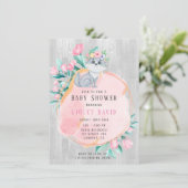 かわいい水の色のキツネと花模様女の子ベビーシャワー 招待状 (スタンド正面)