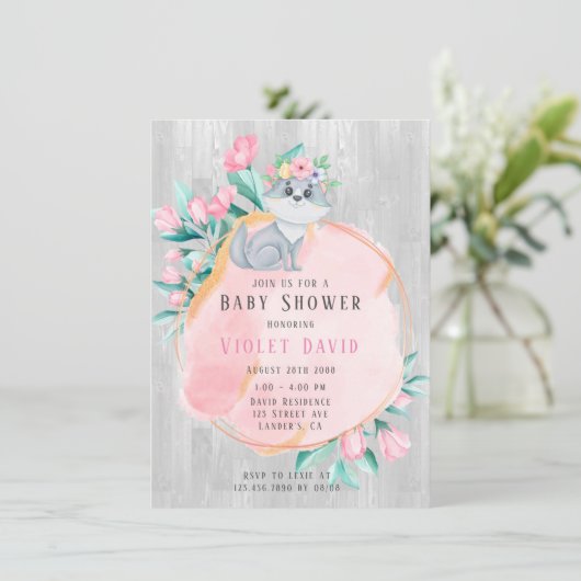 かわいい水の色のキツネと花模様女の子ベビーシャワー 招待状 (スタンド正面)