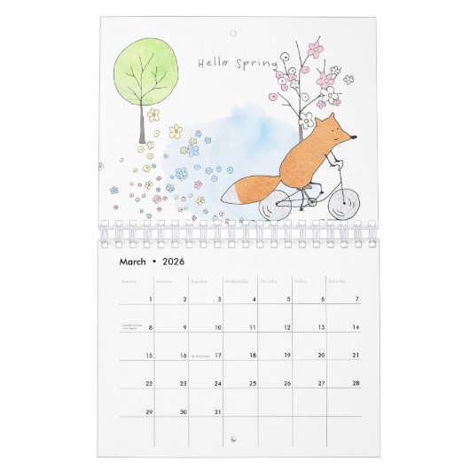 かわいい水の色のキツネイラストレーション月 カレンダー (3月 2026)
