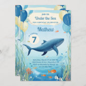 かわいい水の色のクジラの海の下海誕生日 招待状 (正面/裏面)