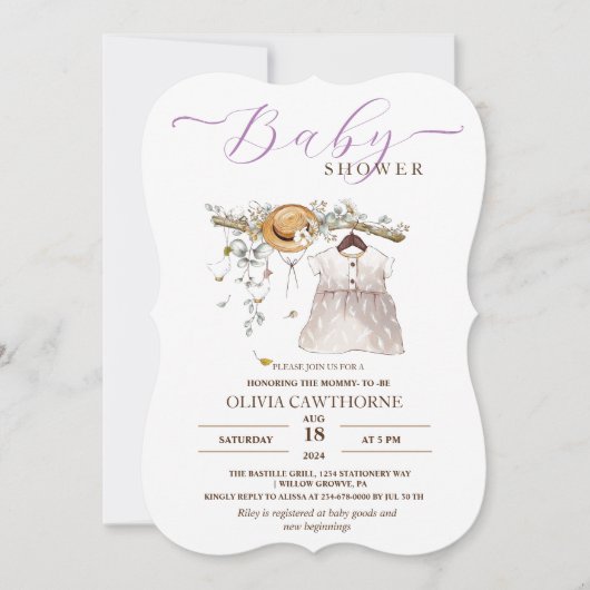 かわいい水の色のドレスのスクリプト赤ちゃんシャワーパーティー 招待状 (正面)