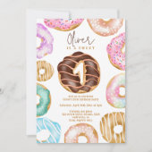 かわいい水の色のドーナツ甘い1歳の誕生日 招待状 (正面)