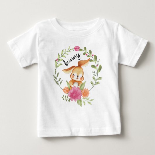 かわいい水の色のバニーとフローラリースイースター ベビーTシャツ (正面)