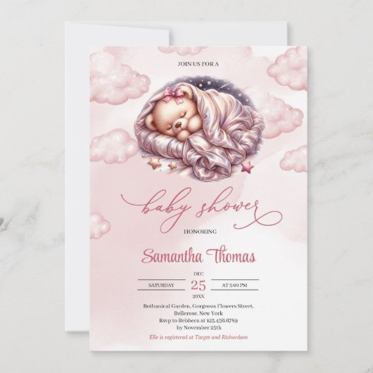 かわいい水の色のバラ金ゴールド眠っているテディベア 招待状 (正面)