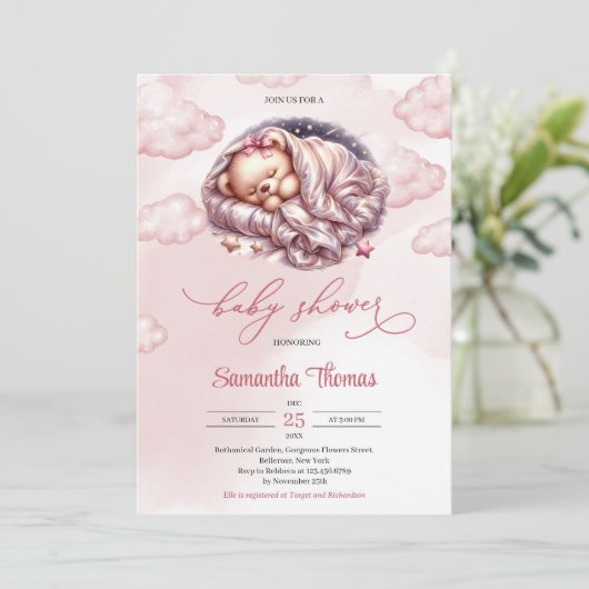 かわいい水の色のバラ金ゴールド眠っているテディベア 招待状 (スタンド正面)