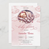 かわいい水の色のバラ金ゴールド眠っているテディベア 招待状 (正面/裏面)