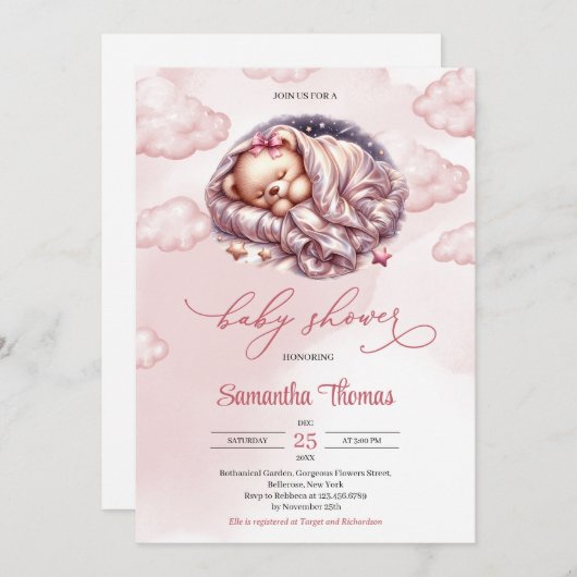 かわいい水の色のバラ金ゴールド眠っているテディベア 招待状 (正面/裏面)