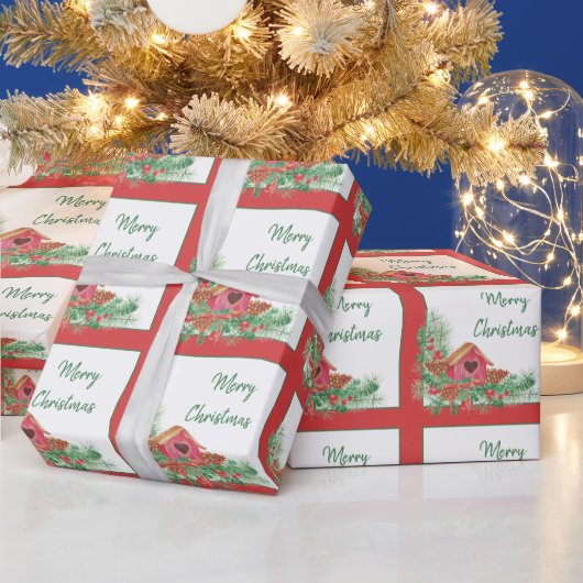 かわいい水の色のバードハウスクリスマスホリデー ラッピングペーパー (クリスマス)