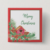 かわいい水の色のバードハウスクリスマスホリデー 缶バッジ (正面)