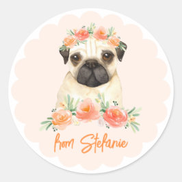 かわいい水の色のパグと桃の花誕生日 ラウンドシール