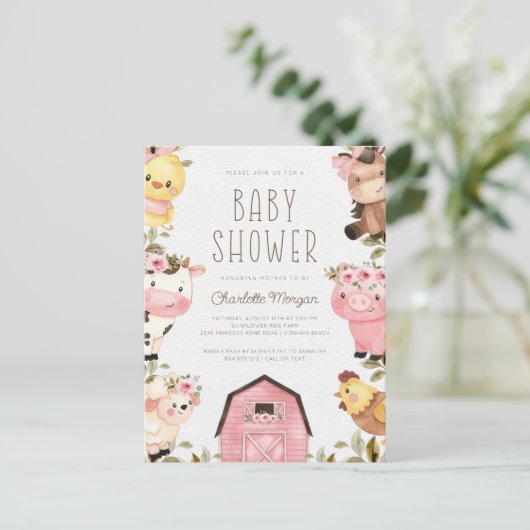 かわいい水の色のファーム動物納屋周囲の庭赤ちゃんシャワー ポストカード (スタンド正面)