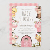 かわいい水の色のファーム動物納屋周囲の庭赤ちゃんシャワー 招待状 (正面/裏面)