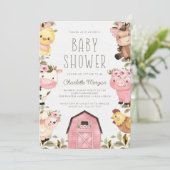 かわいい水の色のファーム動物納屋周囲の庭赤ちゃんシャワー 招待状 (スタンド正面)