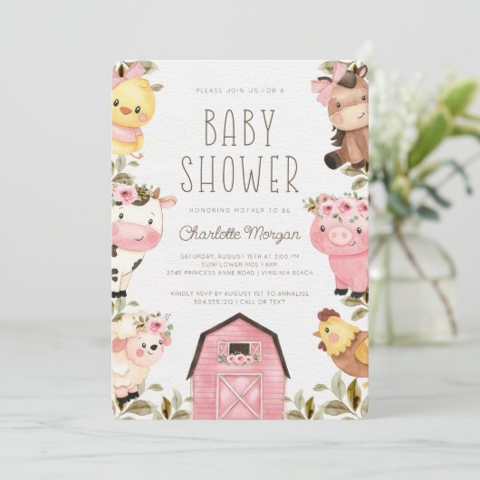 かわいい水の色のファーム動物納屋周囲の庭赤ちゃんシャワー 招待状 (スタンド正面)