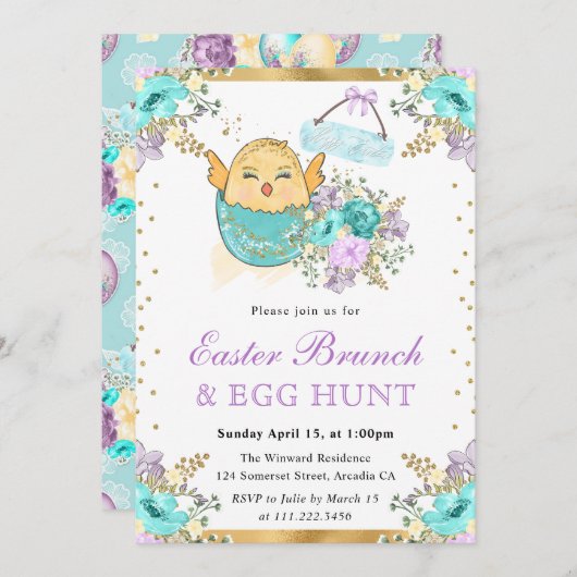 かわいい水の色のフローラは卵のイースターブランチでシック 招待状 (正面/裏面)