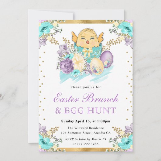 かわいい水の色のフローラは卵のイースターブランチでシック 招待状 (正面)