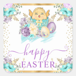 かわいい水の色のフローラヒックと卵のイースター スクエアシール