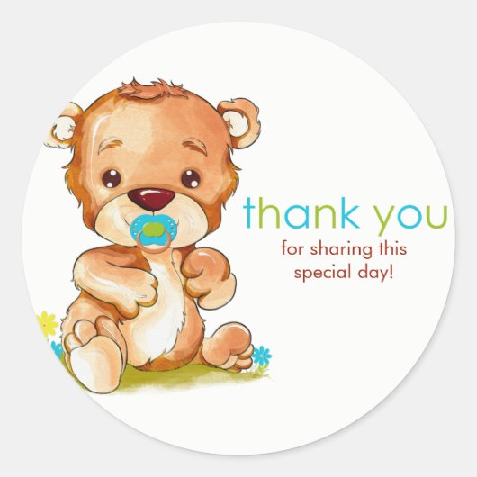 かわいい水の色のベビーベアーボーイありがとう ラウンドシール (正面)