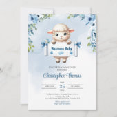 かわいい水の色のベビー羊と歓迎ベビー標識 招待状 (正面)