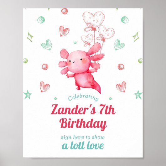 かわいい水の色のベビーAxolotl誕生日署名 ポスター (正面)