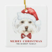 かわいい水の色のマルチーズサンタメリークリスマス セラミックオーナメント (正面)