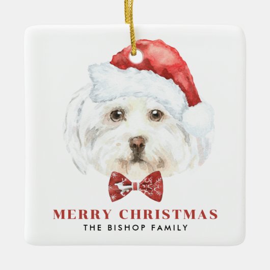かわいい水の色のマルチーズサンタメリークリスマス セラミックオーナメント (正面)