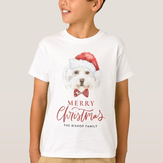 かわいい水の色のマルチーズサンタメリークリスマス Tシャツ (正面)