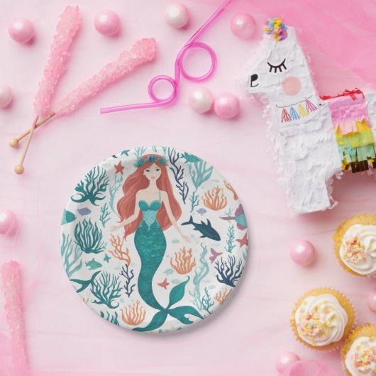 かわいい水の色のマーメイドザシーサイド誕生日 ペーパープレート (パーティー)