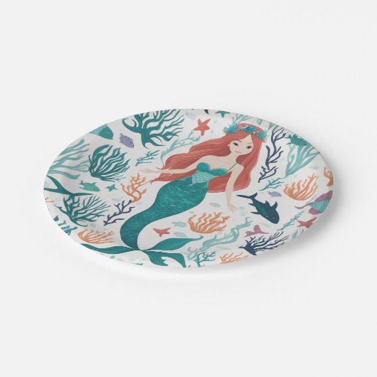 かわいい水の色のマーメイドザシーサイド誕生日 ペーパープレート (アングル)