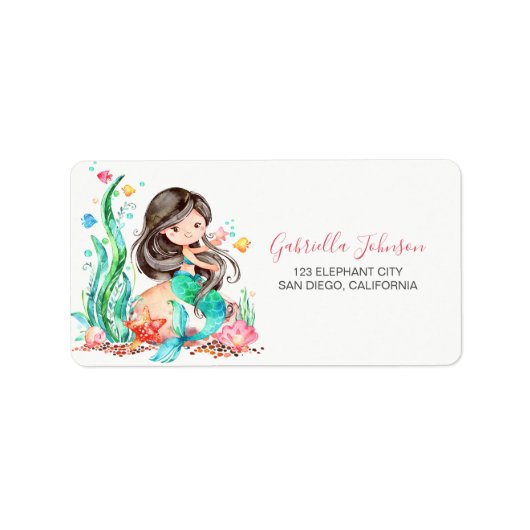 かわいい水の色のマーメイドザシーサイド誕生日 ラベル (正面)