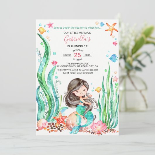 かわいい水の色のマーメイドザシーサイド誕生日 招待状 (スタンド正面)