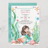 かわいい水の色のマーメイドザシーサイド誕生日 招待状 (正面/裏面)