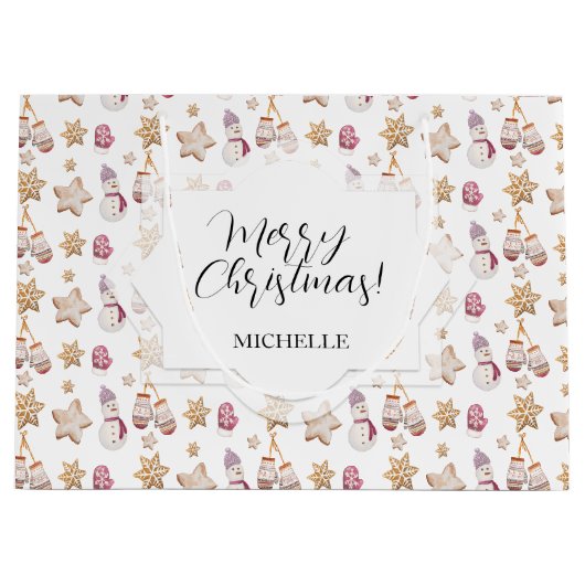 かわいい水の色の冬のグロー雪だるまCookie ラージペーパーバッグ (正面)