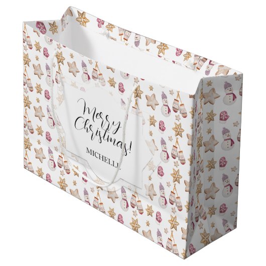 かわいい水の色の冬のグロー雪だるまCookie ラージペーパーバッグ (正面アングル)