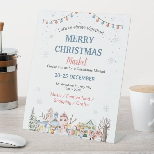 かわいい水の色の冬のホリデークリスマスマーケット 台座サイン (インサイチュ)