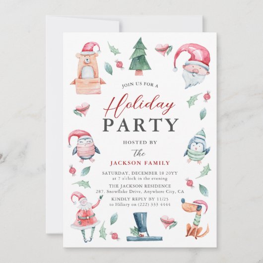 かわいい水の色の冬クリスマスホリデーパーティー 招待状 (正面)