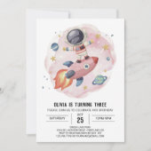 かわいい水の色の旅の宇宙飛行士誕生日 招待状 (正面)