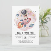 かわいい水の色の旅の宇宙飛行士誕生日 招待状 (スタンド正面)