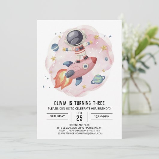 かわいい水の色の旅の宇宙飛行士誕生日 招待状 (スタンド正面)
