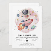 かわいい水の色の旅の宇宙飛行士誕生日 招待状 (正面/裏面)